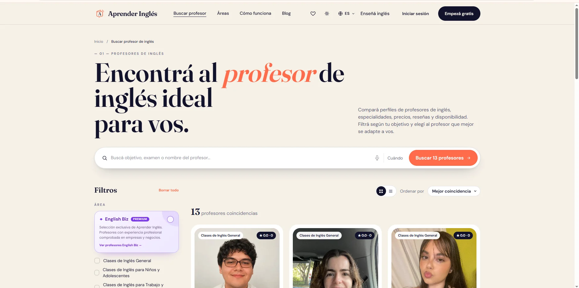 Página de búsqueda de profesores de Aprender Inglés