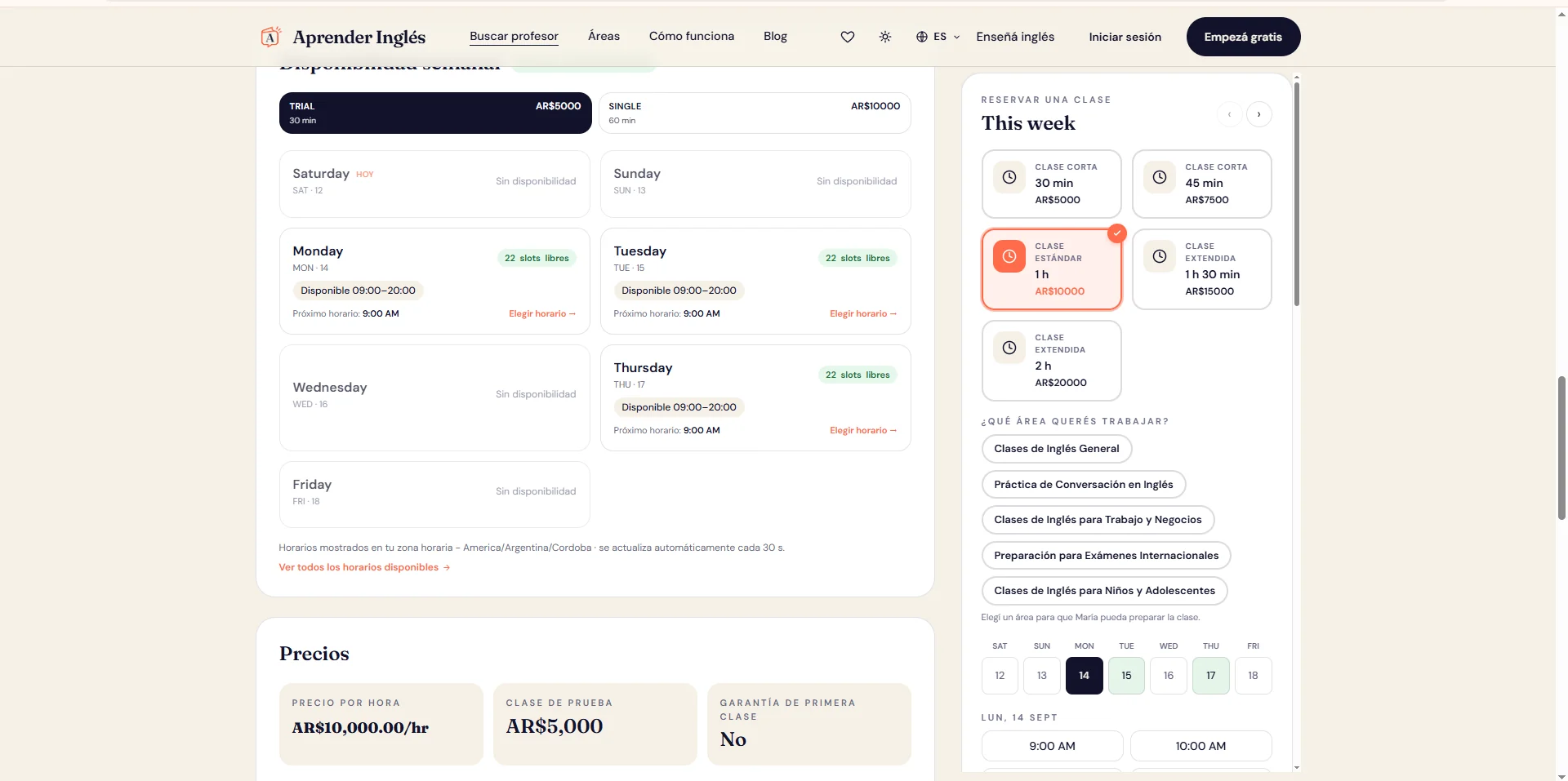 Selector de duración, tema, día y hora para reservar una clase