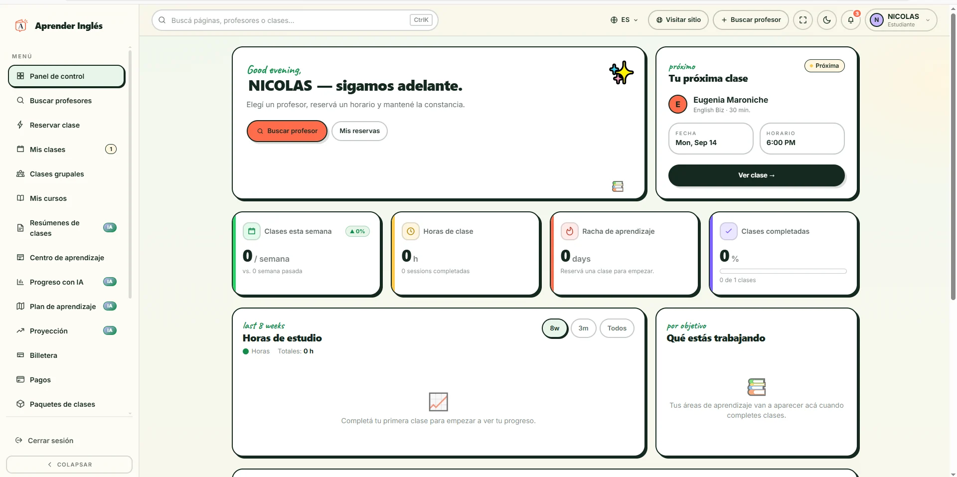Dashboard del estudiante de Aprender Inglés