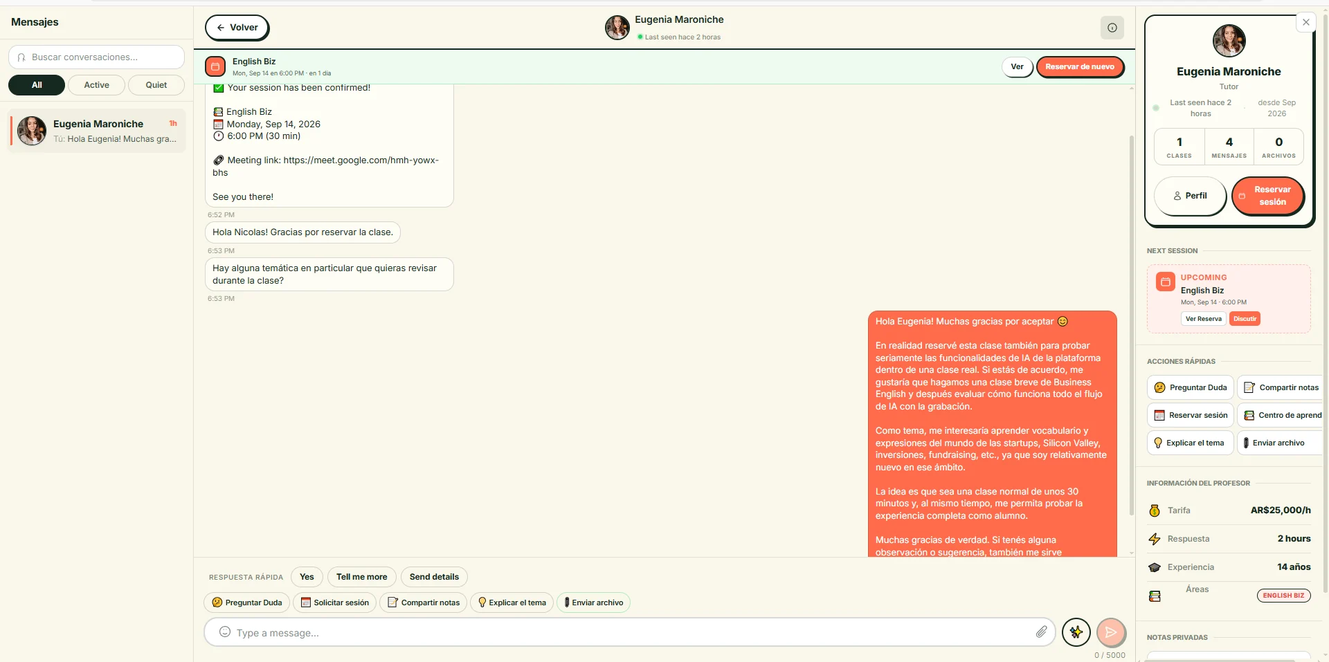 Chat entre estudiante y profesor