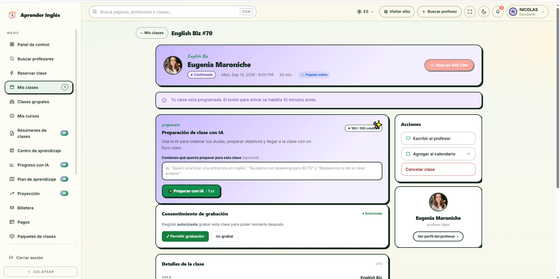 Pantalla de clase confirmada en Aprender Inglés